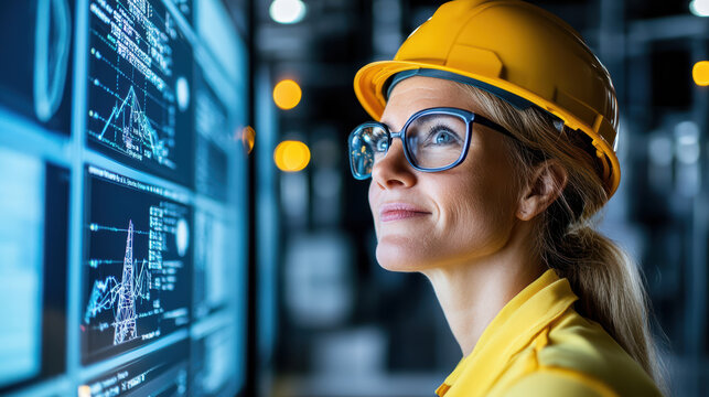 Innovative technician monitoring electric grid data digital display, showcasing focus