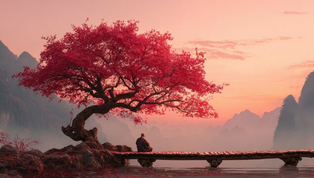Serene sunset scene, monk meditates under a vibrant pink tree on a pier overlooking misty mountains - Powered by Adobe