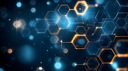 Abstract digital design with glowing hexagons.