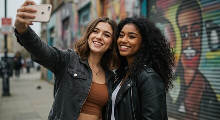 Happy diverse young women friends taking selfie on city street with graffiti art