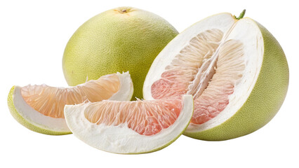 Fresh pomelo fruit whole and sliced for healthy eating and citrus fruit benefits and nutrition facts