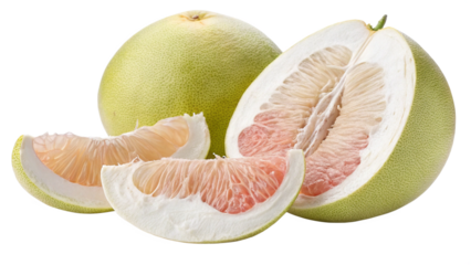 Fresh pomelo fruit whole and sliced for healthy eating and citrus fruit benefits and nutrition facts