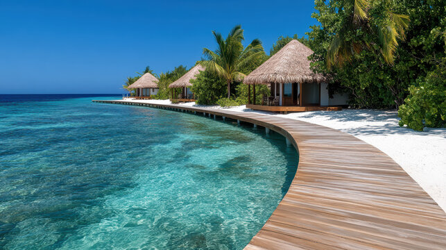Curved boardwalk over clear lagoon leading to tropical villas creates serene escape - Powered by Adobe