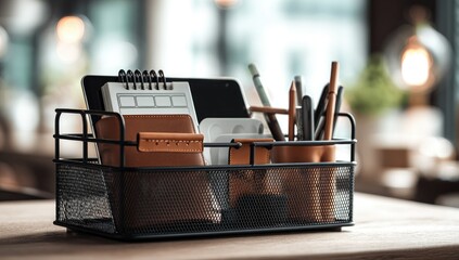 Organized desktop essentials in a metal mesh organizer