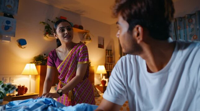 Domestic Dialogue: A tender moment unfolds within a cozy bedroom setting, capturing a person-to-person conversation, showcasing a connection built on trust, understanding, and shared experiences.