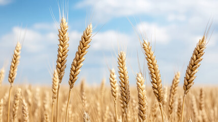 Fototapeta premium Golden wheat field swaying gently under bright blue sky, creating serene atmosphere