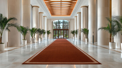 Luxurious hallway with red carpet, tall columns, and elegant palm trees creates welcoming