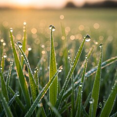 Close-Up Shot of Dew on Grass in Early Morning Light