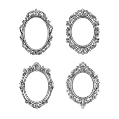 vintage oval decorative frame border vector line art hand drawn illustration set collection