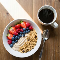 Flatlay of a Healthy Organic Breakfast with Fruits and Coffee