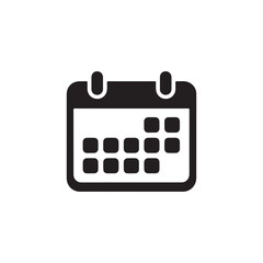 Black calendar icon on white background representing schedule, appointments, and important events