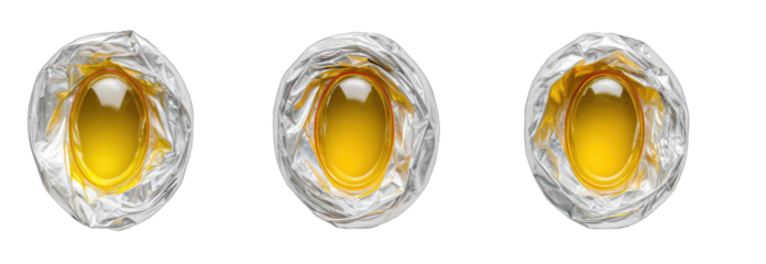Three oval, yellow liquid-filled containers, nestled in white wrappers