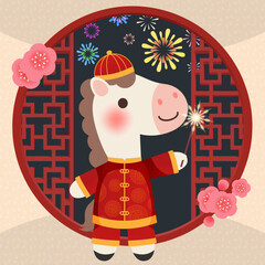 Cute horse holding a sparkler with red wooden window frames and celebratory fireworks in the background