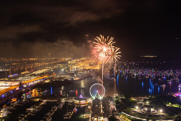 Miami Night Celebration with Fireworks Over Bayfront Park and Marina