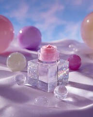 Pink cream in crystal cube, pastel balloons