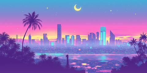 Fototapeta premium 空に描かれた流線とビルが響き合うレトロな都市夜景｜シティポップ・手描きアート・昭和カラー・青と黄色の世界・幻想的な風景
