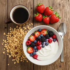 Flatlay of a Healthy Organic Breakfast with Fruits and Coffee
