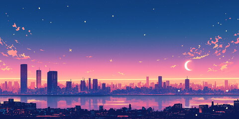 空に描かれた流線とビルが響き合うレトロな都市夜景｜シティポップ・手描きアート・昭和カラー・青と黄色の世界・幻想的な風景