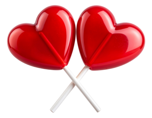 Two red heart lollipops crossed with white sticks, front view isolated on transparent background PNG