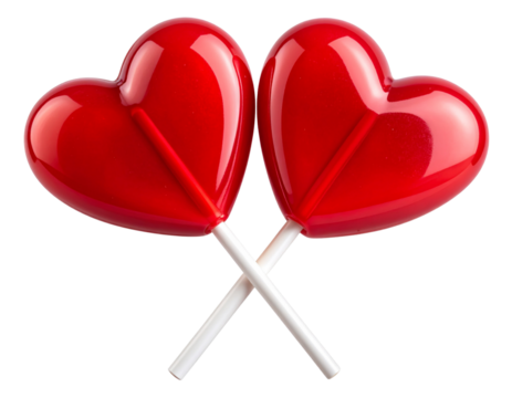 Two red heart lollipops crossed with white sticks, front view isolated on transparent background PNG - Powered by Adobe