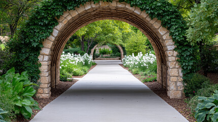 Obraz premium Lush stone archways frame serene garden pathway, inviting exploration and tranquility