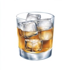 Glass of Whiskey with Ice Cubes on a Reflective Surface