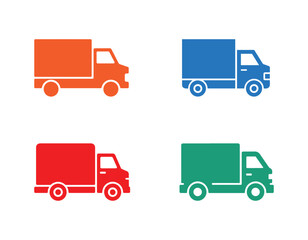 Four colorful delivery truck icons orange, blue, red, and green on white background