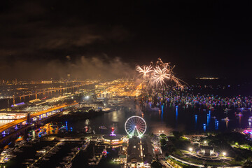 Miami Night Celebration with Fireworks Over Bayfront Park and Marina