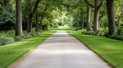 Obraz premium Lush tree lined driveway leading to serene countryside home, inviting tranquility and peace
