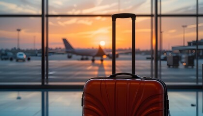 Suitcase in airport terminal with airplane in background during sunset travel and vacation concept