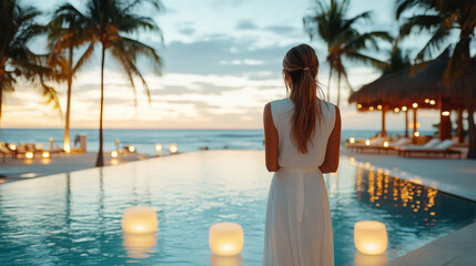 Elegant woman white dress standing by resort pool sunset, surrounded by palm trees and lights