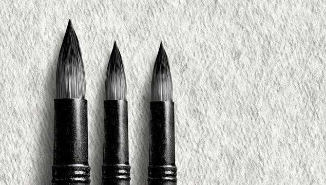 Three black paintbrushes of varying sizes, positioned vertically, against a textured gray background