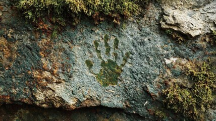 Close-up of a weathered stone with a faded green handprint, moss and lichen details