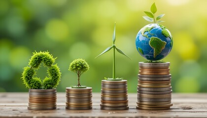 Sustainable growth concept with coins, plants, wind turbine, and globe on a wooden surface and green background