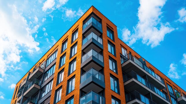 A modern, orange and black apartment building with balconies against a blue sky with white clouds. - Powered by Adobe