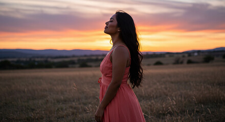 Obraz premium A beautiful woman in a flowing dress smiles with joy amidst a green summer meadow under the sky
