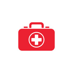Obraz premium Red first aid kit icon with white cross symbol on white background