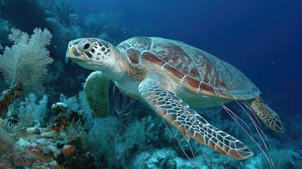Graceful sea turtle gliding through vibrant coral reef rich with marine life and colorful corals in clear blue ocean waters