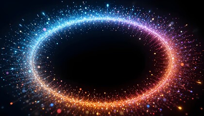 A glowing ring of colorful particles on a black background creating a portal effect design element