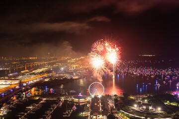 Miami Night Celebration with Fireworks Over Bayfront Park and Marina