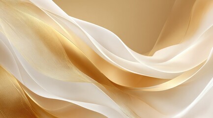 Fototapeta premium Abstract image of flowing, translucent fabric in shades of gold and off-white, creating a luxurious and elegant feel. The gentle curves and soft lighting evoke a sense of calm and serenity