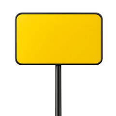 Blank rectangular yellow traffic sign with rounded corners on a metal pole isolated on transparent background