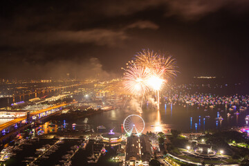 Miami Night Celebration with Fireworks Over Bayfront Park and Marina