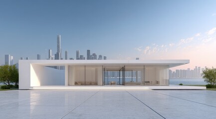 Modern minimalist white house with expansive glass walls, overlooking a cityscape and calm body of water at dawn