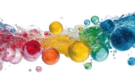 Colorful spheres submerged in water, creating a vibrant, flowing rainbow effect against a white background. The spheres vary in size and are partially submerged, with air bubbles visible around them