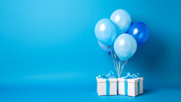 Blue balloons and white gift boxes with blue ribbons image