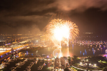 Miami Night Celebration with Fireworks Over Bayfront Park and Marina
