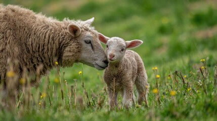 Fototapeta premium Mother sheep and lamb bonding in green pasture nature photography springtime environment close-up view