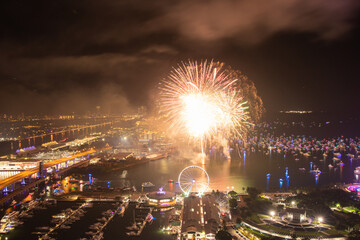 Miami Night Celebration with Fireworks Over Bayfront Park and Marina