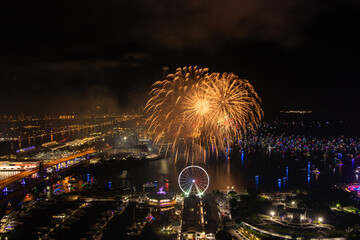 Miami Night Celebration with Fireworks Over Bayfront Park and Marina